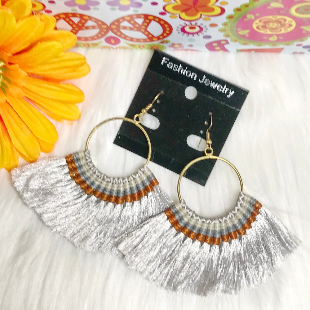 Boho Earrings Fan Tassel Fringe Hoop Drop Dangles Silver Goldtone Hoops NWT